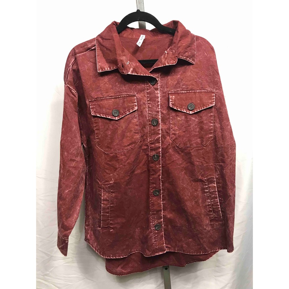 ZENANA Acid Wash Distressed Button Up Shirt Jacket Red Size Medium